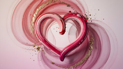 Abstract heart shape with red and pink swirls and gold specks on white background
