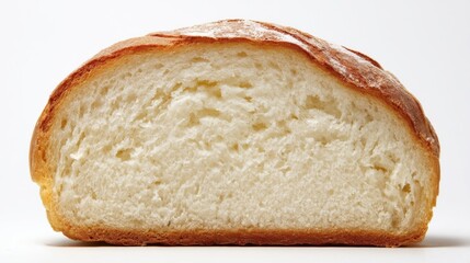 A freshly baked loaf sliced open reveals soft airy texture with golden brown crust and visible flour bits.