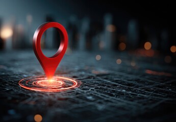 Red map pin on a dark digital map.  Bright, glowing red circle around pin.  Cityscape in the background