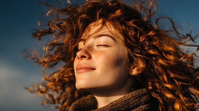 Profile of a woman with curly hair enjoying fresh air with closed eyes and wind blowing her hair against a sunny outdoor nature scene.