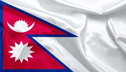 Nepalese national flag with crimson red background, blue border, and white moon and sun symbols in snowy mountain setting