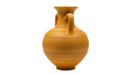 Isolated Greek vase with two handles and linear decorative patterns in earth tones, antique