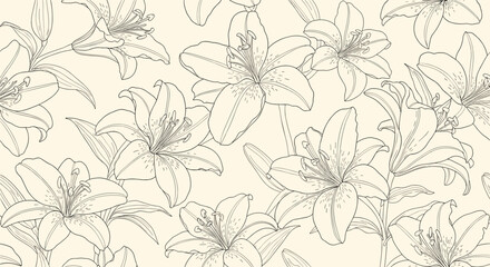 Obraz premium Classic seamless floral pattern featuring hand drawn lilies on a warm cream background for traditional wallpaper and textile applications.