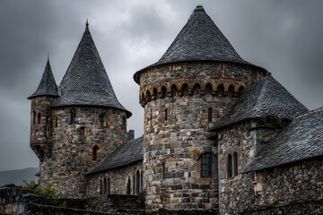 Fototapeta premium Stone turrets of an ancient medieval castle set against a dramatic stormy grey sky showing historical architecture and textured tiles.