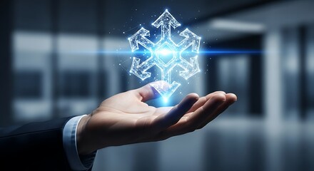 A hand supports a glowing, multidirectional arrow symbol, representing strategic expansion, complex decision-making, and diverse pathways for growth and innovation in business and technology.