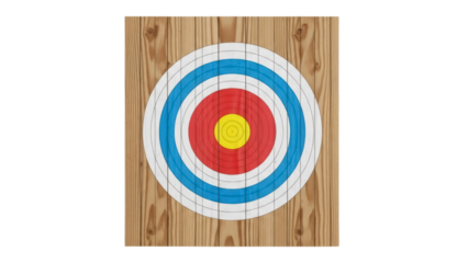 Isolated archery target on wooden surface, shooting sport for recreation or hobby concept