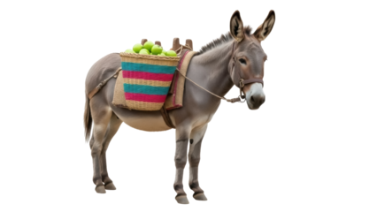Isolated pack donkey stands with panniers of fruit on back, mule with burden carriage