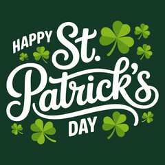 Happy St. Patricks day lettering logo on green clover and shamrock background for greeting card © Farha
