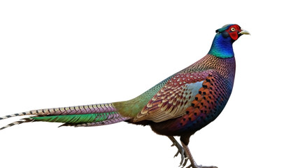 Isolated colorful male pheasant bird standing, showing iridescent plumage and long tail feathers
