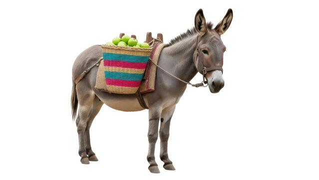 Isolated pack donkey stands with panniers of fruit on back, mule with burden carriage