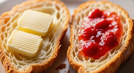 Delicious breakfast: Close-up of a sliced croissant with butter and strawberry jam toppings