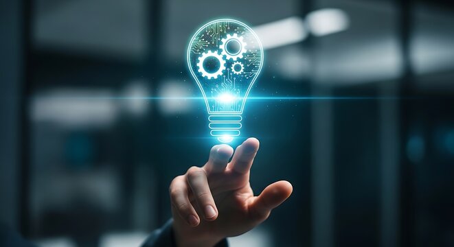 A finger activates a glowing lightbulb filled with interconnected gears and circuitry, symbolizing the fusion of creative ideas with mechanical ingenuity and technological innovation.