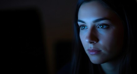 Woman stares at a screen in dim lighting reflecting blue light on her face looking focused