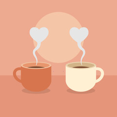 Valentine coffee cups illustration. Two cups placed close together. Rising steam merging into heart shape. Soft table scene detail. Cozy romantic drink moment.