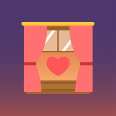 Valentine window illustration. Simple window frame form. Curtains pulled inward creating heart opening. Warm interior light glow. Calm romantic evening scene.