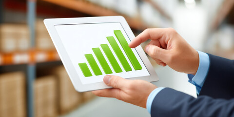 Successful e commerce business growth shown on green tablet chart in warehouse