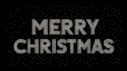 Merry Christmas text composed of white bead-like dots with gold accents, set against black background with golden specks. Ideal as wallpaper, poster for festive, luxurious holiday greetings 