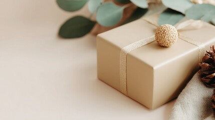 Beige gift box tied with gold ribbon, adorned with glittery gold ball, paired with eucalyptus leaves and pinecone on soft light background. Ideal as wallpaper, poster for festive elegant holiday gift 