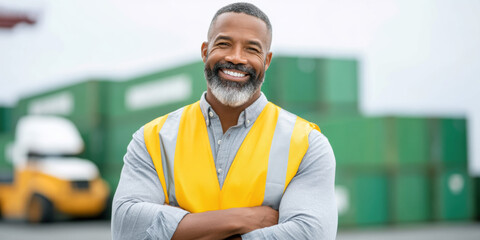 Happy senior worker smiling near green cargo containers for e commerce shipping
