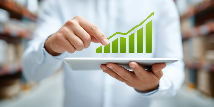 Successful worker analyzes green growth chart for e commerce logistics on digital tablet device - Powered by Adobe
