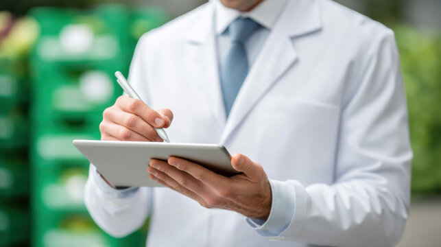 Focused man with tablet checking green inventory for e commerce business
