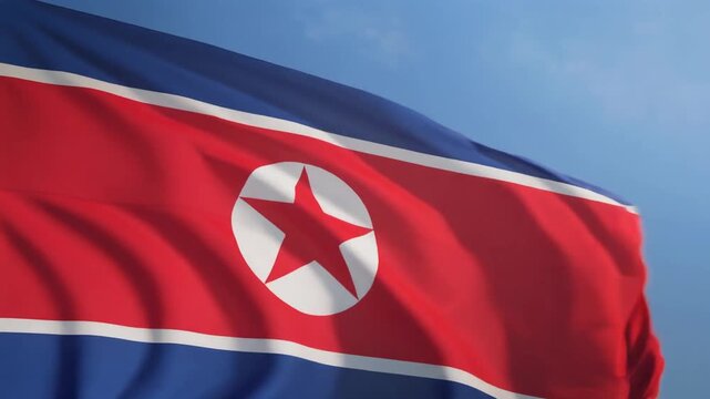 National Flag of North Korea snapped taut by strong wind showing dramatic fabric tension against a moody sky, cinematic 4K render.Generated Video