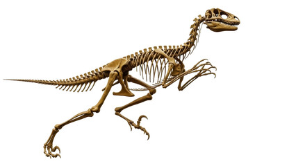 Isolated Velociraptor skeleton fossil with its sharp claws and detailed skeletal structure