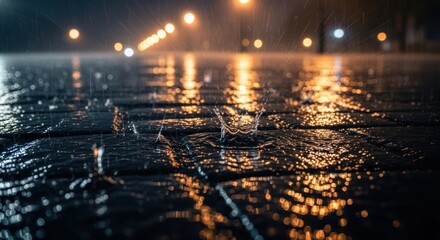 Rainy night reflection on city streets capturing urban ambiance and textures