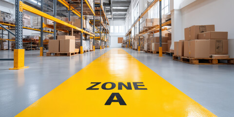Organized green e commerce warehouse interior with yellow zone floor marking and storage box