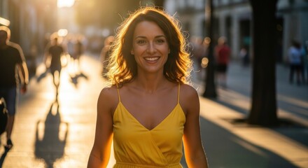 Woman in yellow dress walking on sun-drenched city street with a vibrant smile expressing joy and