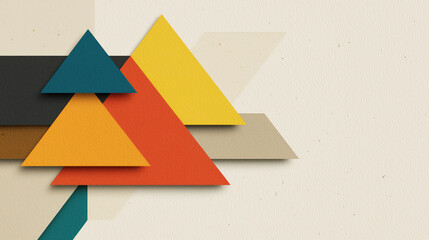 Layered geometric triangle shapes in teal, yellow, orange, red, black and beige tones, set against textured light cream background. Ideal as wallpaper, poster for modern minimalist abstract decor
