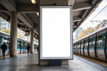 big blank billboard white LED screen vertical outstanding on bunting or concrete pillar side pathway walking to skytrain outdoor for display advertisement text template promotion new brand.