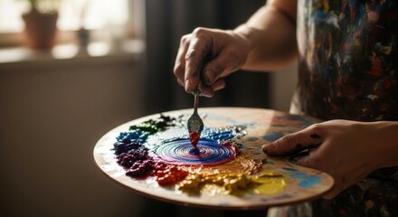 Close-up capturing the artistic process of mixing vibrant paints on a palette with a knife