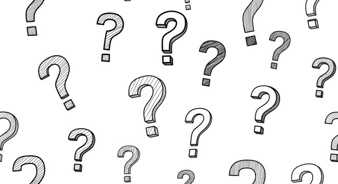 Seamless pattern with various hand drawn question marks in different styles on a white background, ideal for exams.