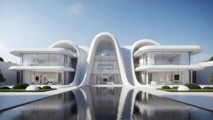 Futuristic White Organic Architecture Mansion with Curved Lines and Reflective Infinity Pool