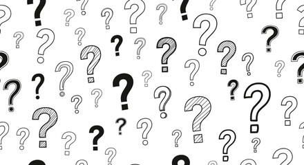 Seamless pattern of multiple hand drawn question marks in various sizes and stroke thicknesses on white background.