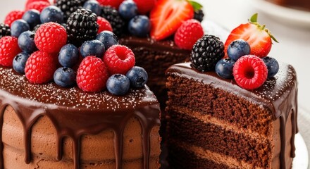 Indulgent chocolate cake masterpiece adorned with fresh mixed berries and a decadent chocolate glaze