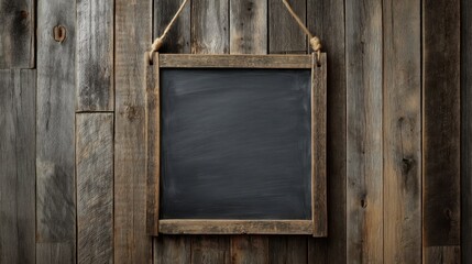 A rustic wooden framed chalkboard hangs on weathered plank wall with twin ropes,