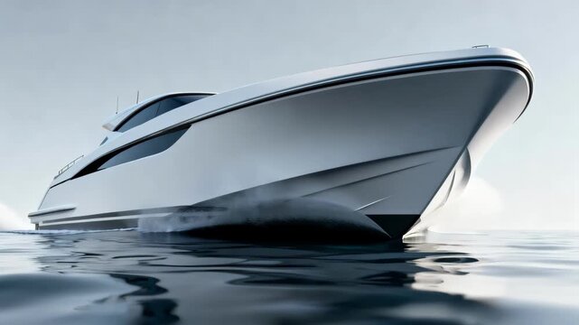 Side view medium shot of a modern boat hull with clean flowing lines to illustrate innovative design principles for improved water displacement and swiftness.