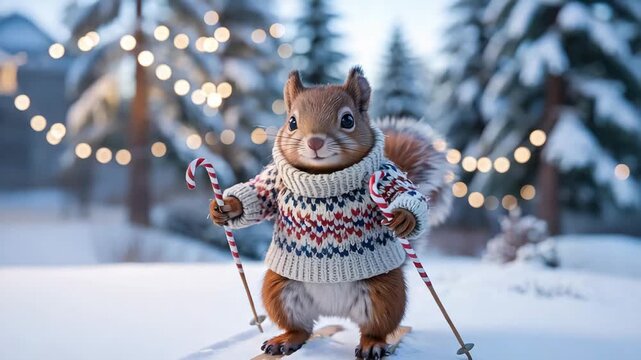 Adorable squirrel in sweater skiing with candy canes in snowy forest