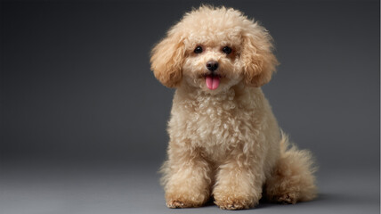 スタジオの灰色背景で座るトイプー子犬