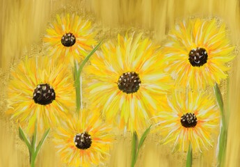유화의 질감을 담은 여러 송이의 해바라기 회화