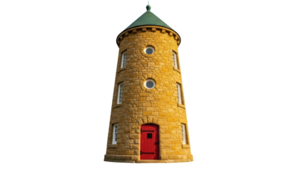 Isolated tower building with round top, brick walls and red door stands tall architecture