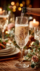Sparkling golden champagne is poured from a bottle into an crystal flute, creating a layer of bubbles against a candlelit holiday table.