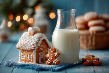 A glass bottle of milk is paired with a gingerbread house decorated with white icing and two gingerbread man cookies.