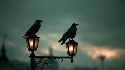 Two black crows perched atop vintage, glowing iron lanterns against a dark and overcast twilight sky.