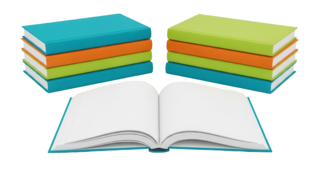 Isolated Open book and stacks of books on a desk, reading and studying concept, library - Powered by Adobe