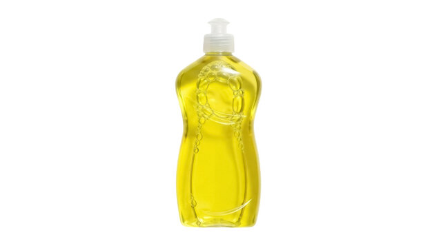 Isolated bottle of dish soap for the kitchen, yellow detergent for washing dishes, liquid gel