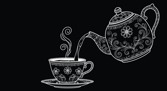 Intricate white line art illustration of a decorative teapot pouring tea into a matching cup on a solid black background.