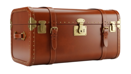 Isolated vintage leather luggage trunk, retro baggage with gold hardware, travel equipment